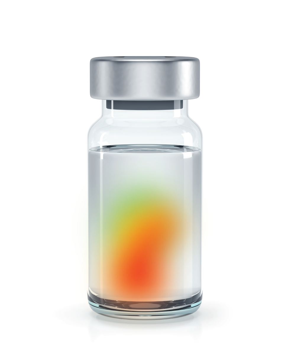 Vial drones with pressure map copy-01 Clear vial, capped with liquid drug product inside and a red, yellow, green pressure map along the sidewall showing where there is high pressure impacting the container.