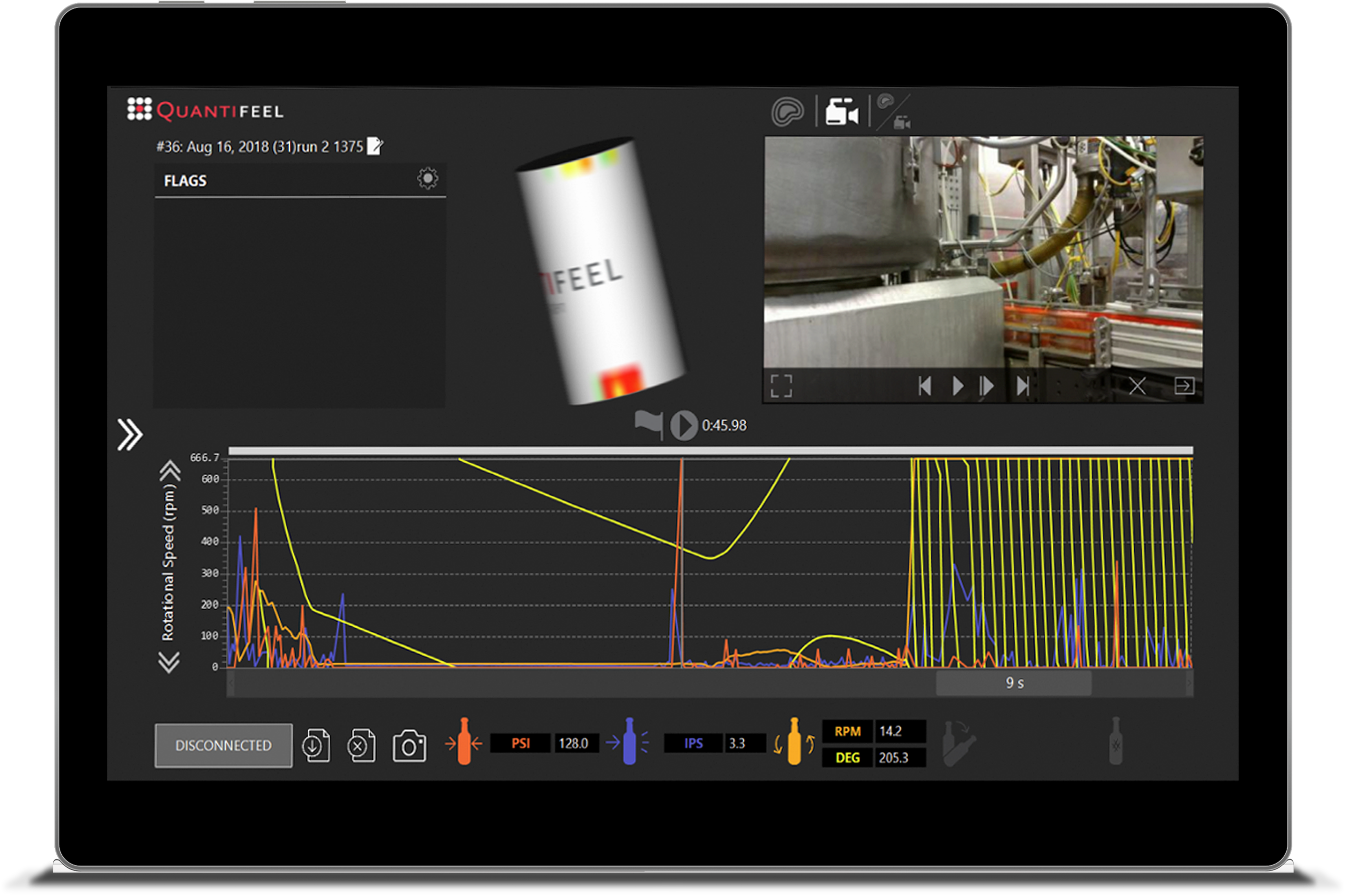 A tablet showing SmartSkin's Quantifeel software with pressure readouts