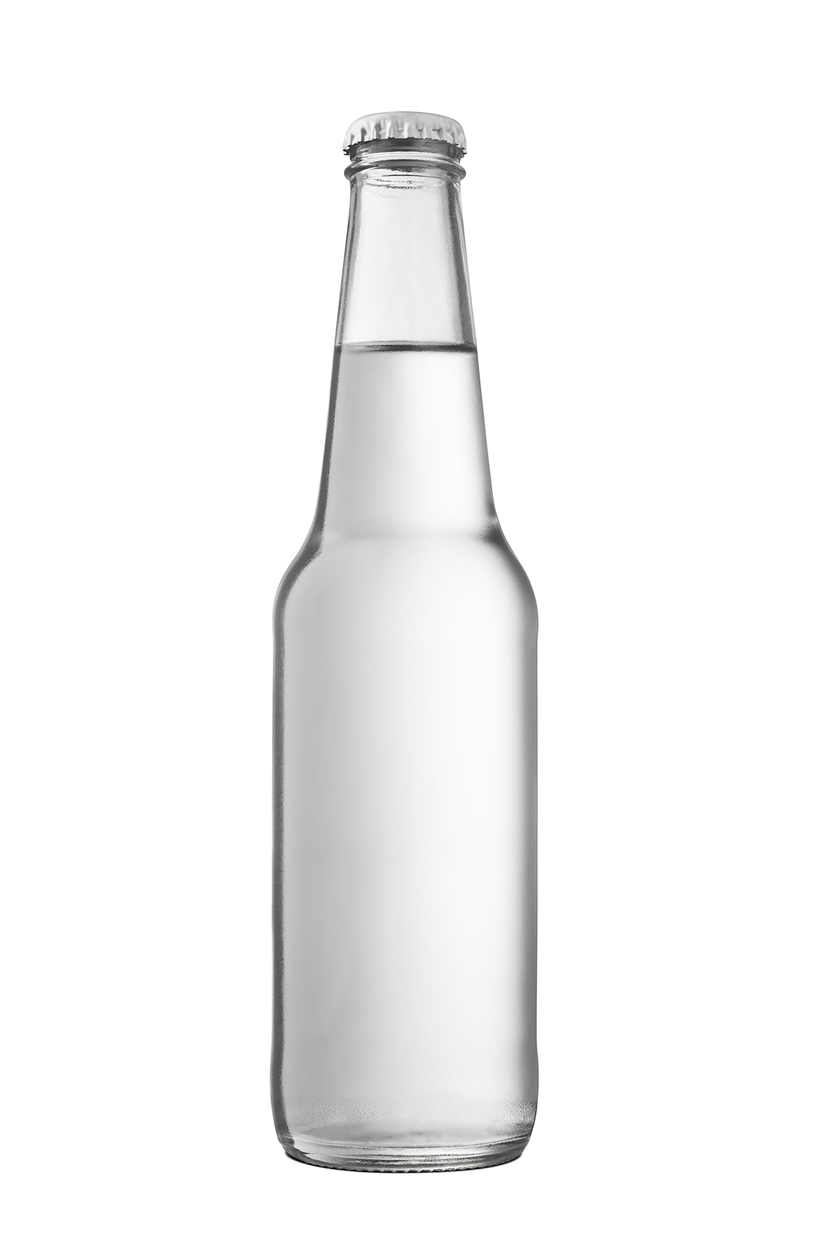 A clear beverage bottle with liquid in it