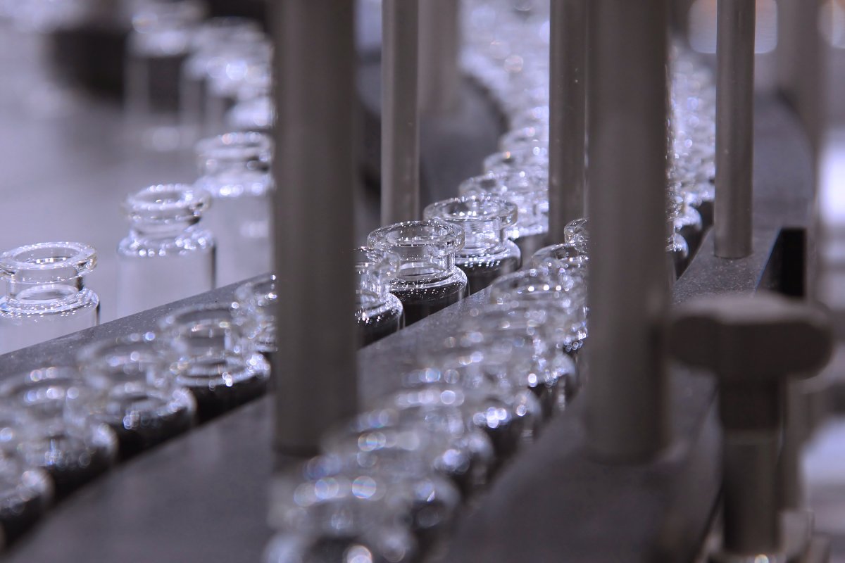 Glass vials on a pharmaceutical fill finish line